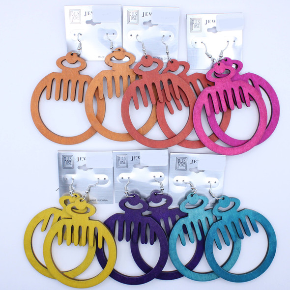 3.25" Comb Wooden Cut-Out Earrings Bright Colors .62 each pair